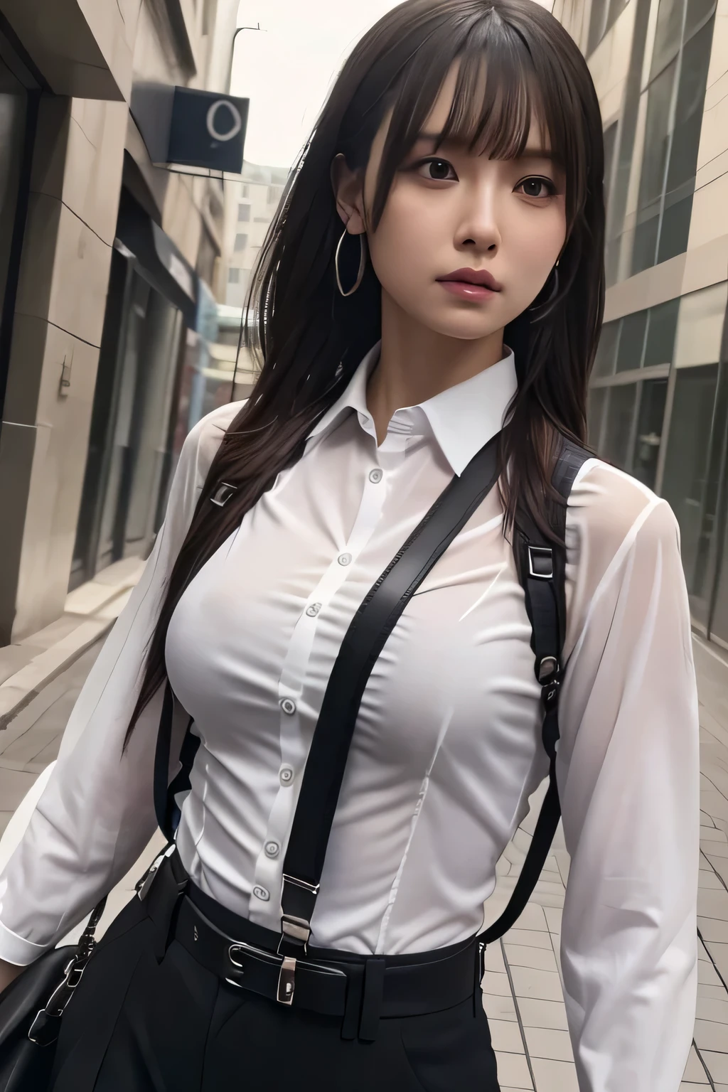 a woman in a suit, belt, hands behind back, sweating, suspenders, black pants, sexly, large breasts, see-through clothing, rain, detective, office worker, white button-up shirt, (best quality,4K,8k,highres,masterpiece:1.2),ultra-detailed,(realistic,photorealistic,photo-realistic:1.37),hyper-detailed,highly detailed face and body, Slender　thin　suspenders　Moderate breasts　See-through shirt　Nipples　holster　chain　Pistol　Armament　criminal　Female criminal　knife