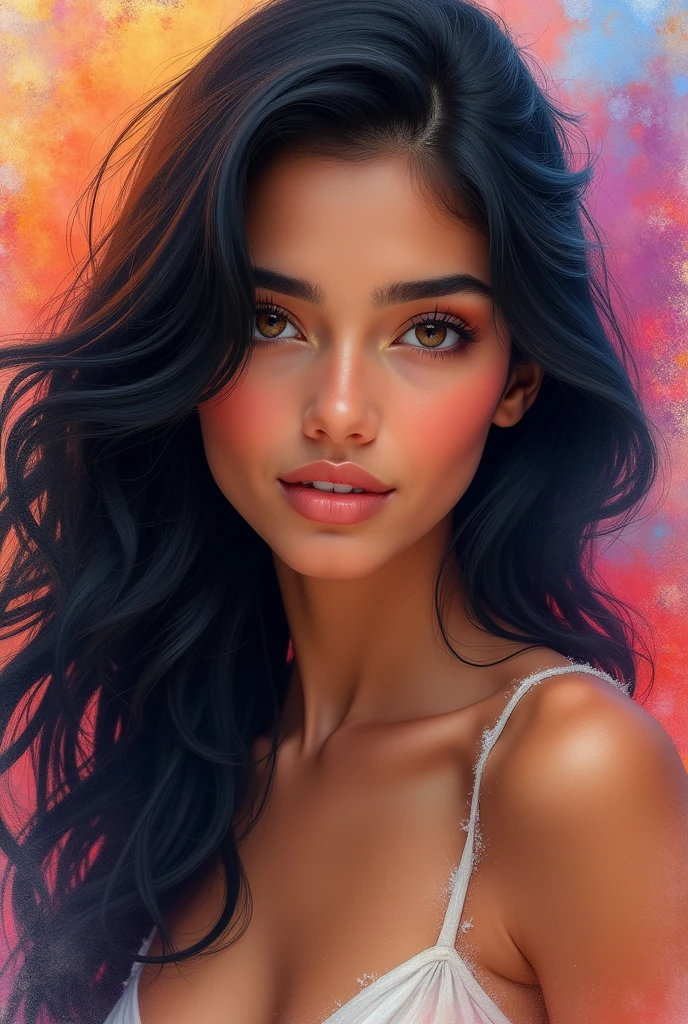 **A beautiful and gorgeous MEXICAN model, with brown eyes and loose black hair, with an Abstract Watercolor background that creates a spectacular unique and bright image**