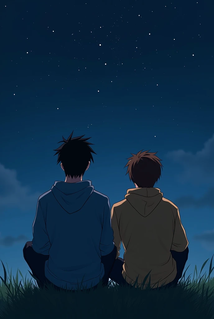 Two young men, one with black hair and the other with brown hair, that the background is midnight blue, that both have their backs turned, And they both have hoodies on. Oh, and the black-haired guy should be taller and a little muscular.. And they are sitting looking at the dark sky image in a4 format, more realistic image, Don't let their faces be seen, that the background is without mountains, as if they were sitting on the grass