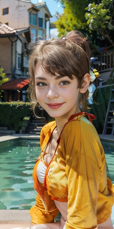 Photo of a 1 European girl, .RAW, beautiful woman, (Light brown hair with ponytail hairstyle ), Ponytail hairstyle ((portrait)), ((detailed face:1.2)), ((detailed facial features)), (finely detailed skin), Pale skin , with freckles on cheeks ,white and red long sleeve shirt, red shorts,  、medium breasts , big smile (cool color), humid, humid, Reflectors, (Tabletop) (perfect proportions)(Realistic photos)(The best quality) (detailed) photographed with a Canon EOS R5, 50mm lens, f/2.8, NffSW, (8k) (wallpaper) (cinematic lighting) (Dramatic lighting) (sharp focus) (Convoluted) , park , whole body, beautiful woman body , nariz pequeña , pecas en mejillas , posing for camera, sitting on bench , waving at the camera , cuerpo completo , parque , dia soleado , jardín, piscina , linda sonrisa , chica alegre , bikini , bañador , traje de baño 
