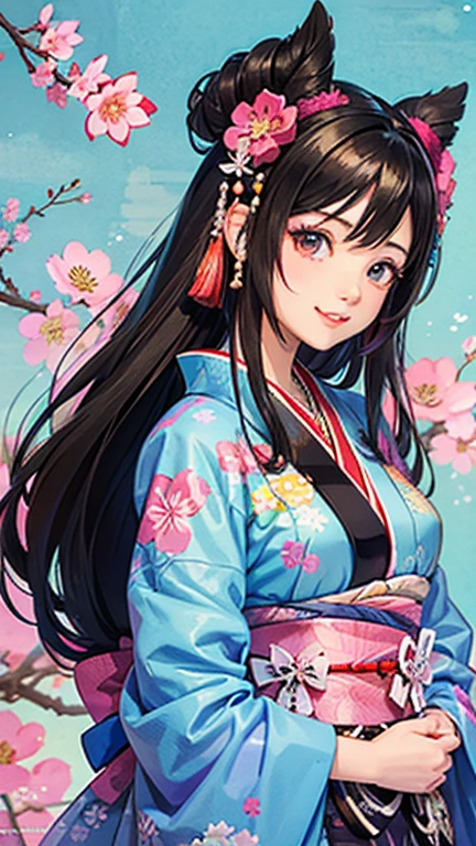 SeaArt creates stunning illustrations of beautiful women in kimono、A beautiful woman smiles and shows her upper white teeth、Vividly colored Japanese Ukiyo-e style illustrations、Brown-black long hair、Beautiful full body style、Beautiful and innovative digital paintings,、 Detailed digital anime art、Beautiful anime portraits、