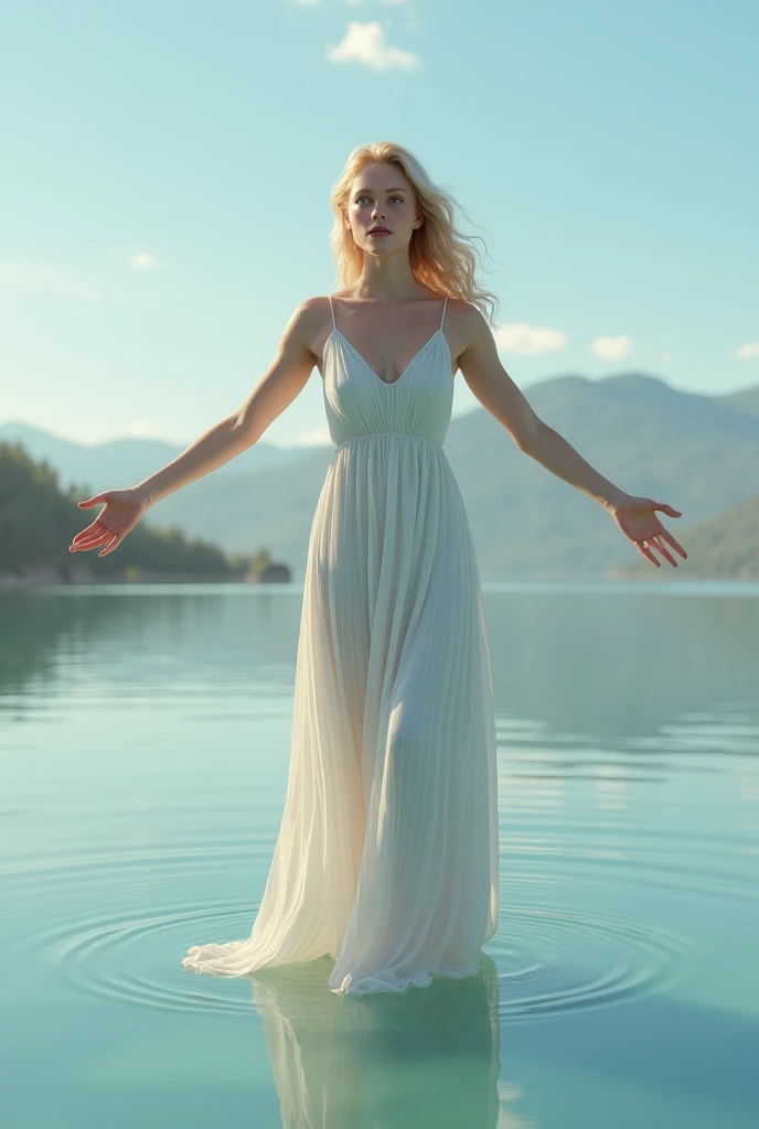general framework, blonder woman, white, blue colored eyes, Vestido Longo de Alça com Prega white , on top of the lake, hyper realistic open arms