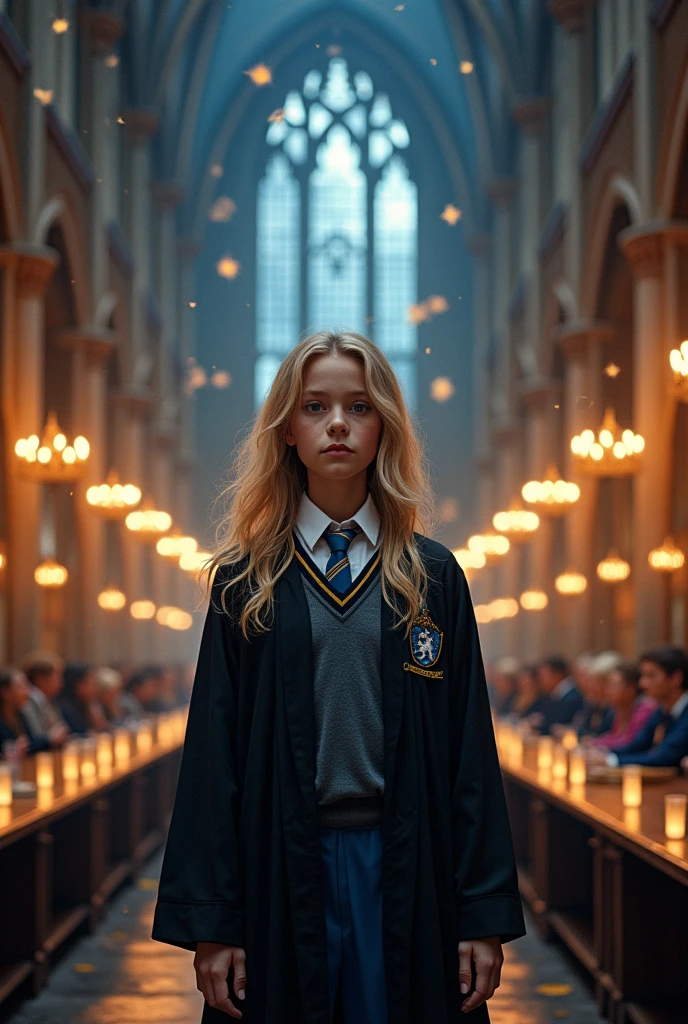 a girl with blonde hair, brown eyes, wearing Ravenclaw uniform in the Hogwarts great hall
