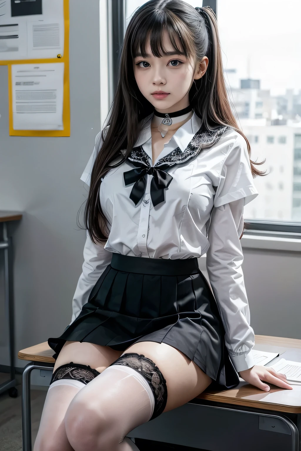 , School girl, white and black uniform, white and black skirt, black lace choker, white lace thigh highs, looking at viewer, class room background, sitting on desk, seductive, dark eyeliner, sexy eyeliner, 