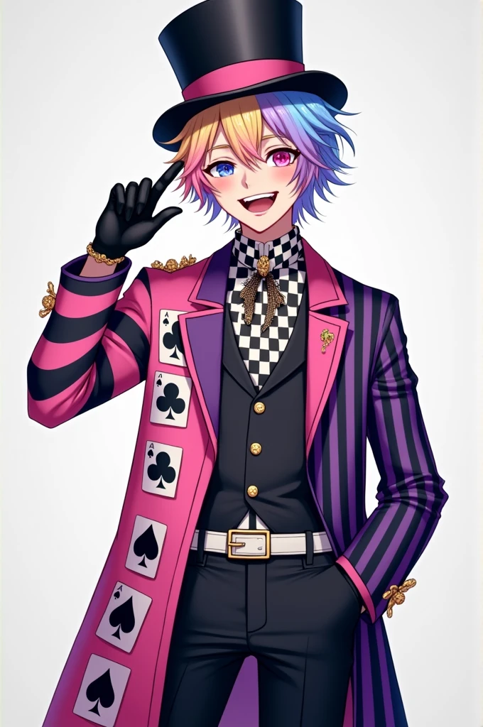 Create a young male, American Nationality, Blonde Hair with pink, purple and blue details. One blue eye and the other pink. Smile plastered on your face. Her outfit would be elegant, consisting of a black and white checkered shirt, a long jacket like a purple and black striped dress, the other side of the outfit would be pink with pink squares of another tone with playing card icon prints like spades, hearts, diamonds and clubs. Black gloves and white belt and black top hat with pink and blue details.