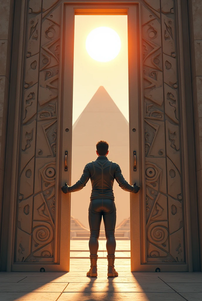 Un homme avec des vêtements futuristes pousse des deux mains des portes futuristes et décoré avec des motifs géométriques et face à lui une pyramide et au dessus le soleil.