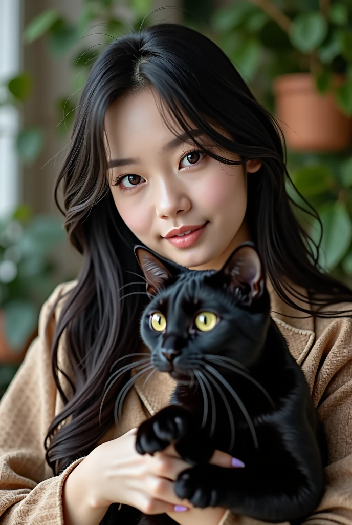 Jennie Kim, korean, taking a picture with a black cat