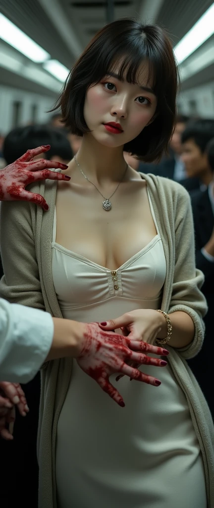 (32K:1.9, Horror depictions:1.9, Highest quality, masterpiece, Ultra-high resolution, Professional random angle camera work:1.5, Very detailedな肌と顔の質感:1.4), Always accurate, Very detailed, bag, (Cute Japanese Woman, Camisole dress and cardigan:1.6, Incredibly slim body:1.3, areola is not visible:1.4, Big breasts on the verge of collapse), ((Crowded train:1.7, Crazy behavior:1.9, 5 Zombies Touching Women:2.0)), belt, Fair skin, elegant, sense of cleanliness, Thin eyebrows, (Big eyes that exude beautiful eroticism:0.4, Her facial expression when she feels that she is being caressed intensely, Expressions of drowning in pleasure, A look that shows deep contempt for you:1.0, Please open your mouth a little, lipstick, Feel the beautiful eroticism:1.0, Dark brown medium hair), Earrings, necklace, bracelet, romantic, mysterious, Object of admiration, original, dramatic, artistic, Innovative, charm, Heartful, Fancy, Tilt, sense of loss, special, ((exciting, Extreme, sense of openness, suffering, sufferingの表現)), ((Mistakes of Youth, 女性的なcharm))