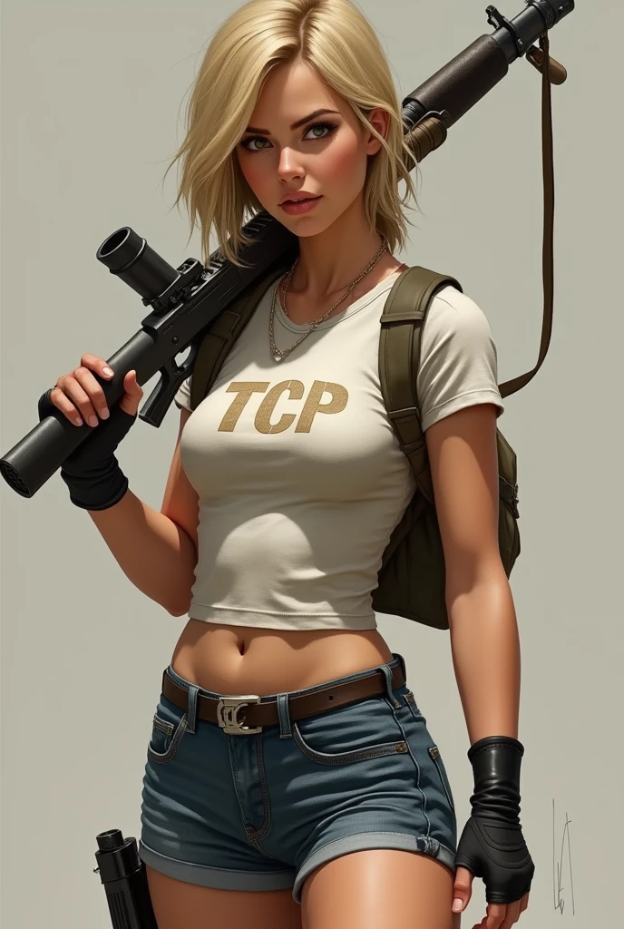 Woman, blonde, shorts curto, shirt with TCP written on it, best qualityer, realisitic, rifle on the sling