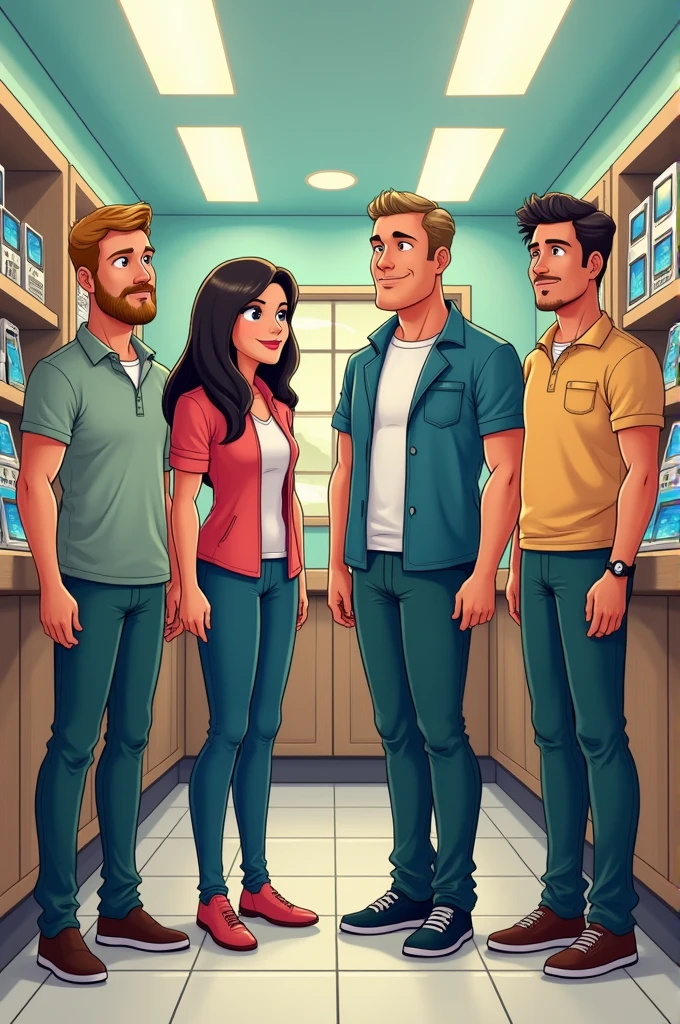 Create a group of 20 advisors in a cell phone store called Monterrey between men and women of different ages and physical aspects bald, by the wide, skinny, fat, tall, short people in cartoons 