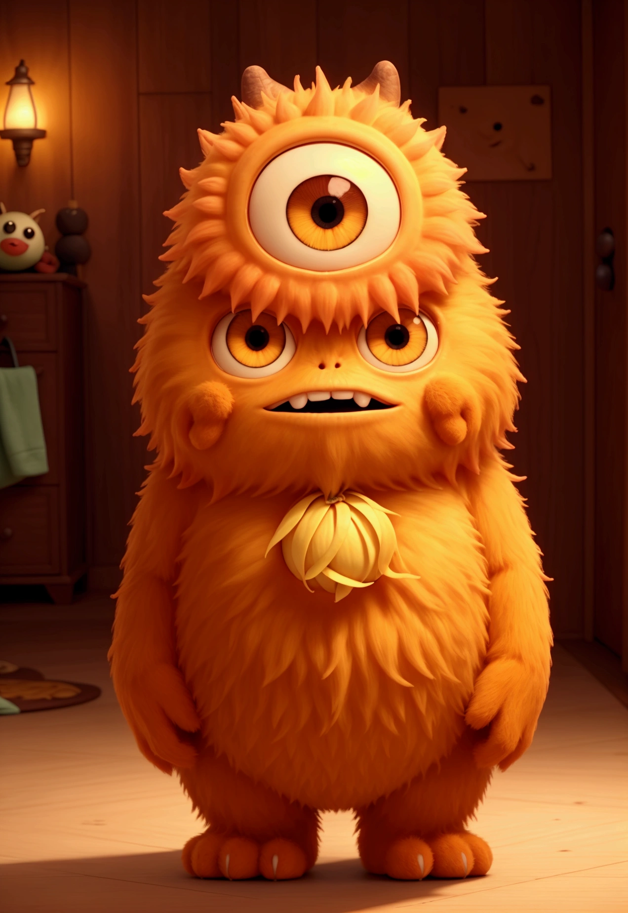{
"size": "1024x1024",
"prompt": "A cute, fluffy, orange monster with large, expressive eyes, holding a single yellow flower in a cozy, warmly lit hallway with wooden paneling. The monster should have a slightly surprised and innocent expression. The environment is simple, with framed pictures on the walls, and the lighting casts a gentle glow around the monster, creating a friendly and inviting atmosphere.",