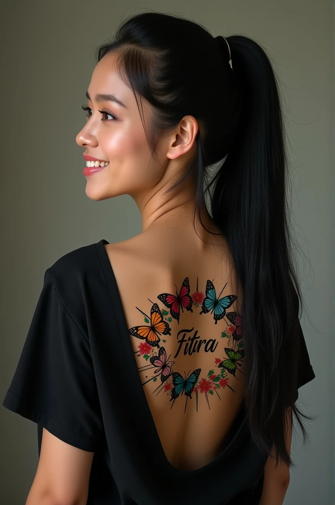 beautiful Indonesian woman, 1, sexy, white, proportional body, has straight black long hair, her hair is tied back in a ponytail, her back is to the camera, her face is slightly turned back and smiling beautifully, wearing a black t-shirt with the back open showing a tattoo of several butterflies. colorful butterflies on her upper back with beautiful writing in the middle of the butterfly circle which clearly reads "FITRIA". around the outline of his body there were colorful rays