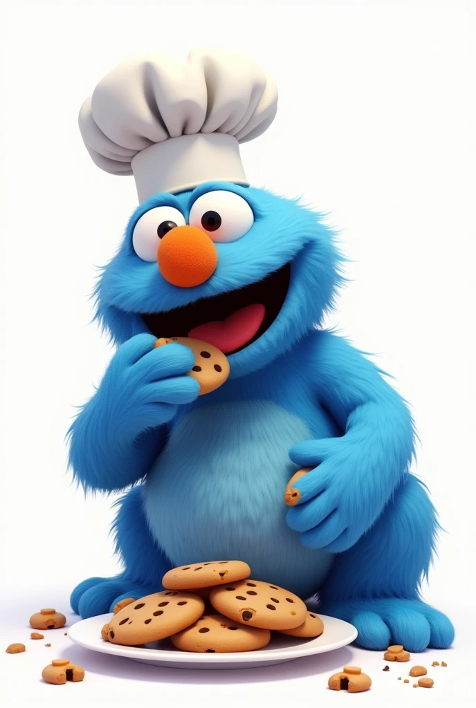 GIVE ME IMAGES OF THE COOKIE EATER FROM ELMO'S WORLD, THAT BLUE CHARACTER WITH A WHITE BACKGROUND WHO IS STANDING EATING COOKIES WITH A CHEF'S HAT