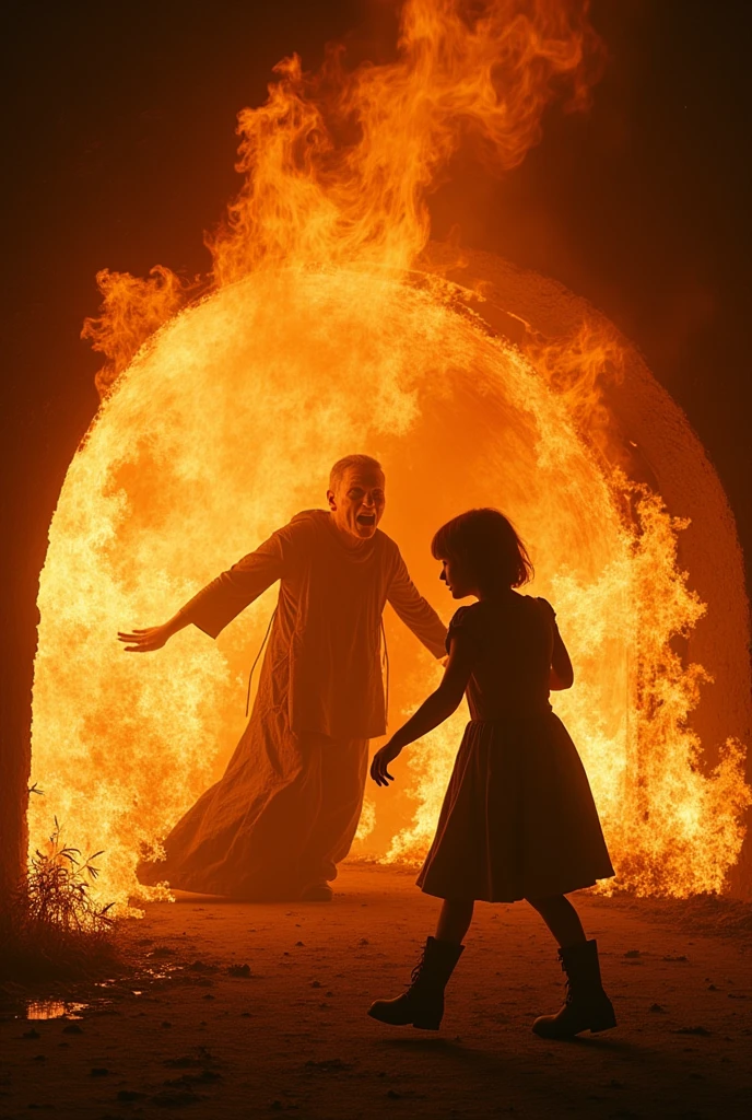 Gretel shoves the witch into a massive, blazing oven, her face a mix of fear and determination. The flames erupt around the witch, who is engulfed in fire, her screams echoing with unimaginable pain. The firelight casts gruesome shadows, making the scene intensely vivid and horrifying