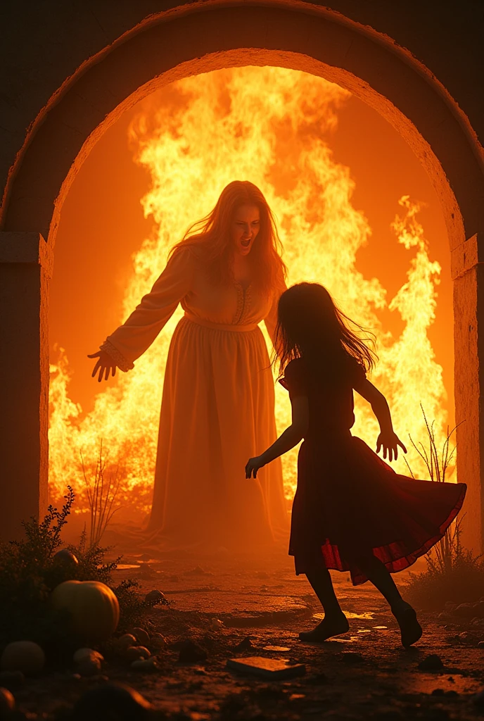 Gretel shoves the witch into a massive, blazing oven, her face a mix of fear and determination. The flames erupt around the witch, who is engulfed in fire, her screams echoing with unimaginable pain. The firelight casts gruesome shadows, making the scene intensely vivid and horrifying