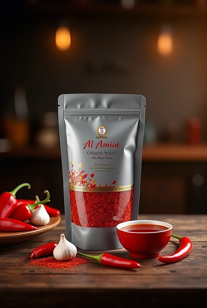"Create a promotional image for a premium chili oil product named 'Al Amiin Original Flavor.' The text must red dark color, The chili oil is packaged in a sleek, gray aluminum foil retort pouch designed for steamer and sterilization, showing vibrant red oil infused with chili flakes through a small transparent window. The pouch has a flat, flexible design with a front label featuring elegant product name in red, inside the pouch has oily chili flakes, Place the retort pouch in the center of the image on a rustic wooden table, slightly leaning against a small bowl of chili oil. Surround the pouch with fresh red chili peppers, garlic cloves, and a sprinkle of chili flakes. The background should be a dark, blurred kitchen scene with warm lighting to create a cozy, artisanal feel. Add a subtle text overlay in the upper right corner that reads 'Spice Up Your Meals with Al Amiin - RM12 Only.'"
