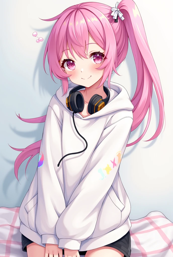 Long Hair, High resolution, Pink Hair, chest, smile,headset on neck, Diagonal bangs, Side Ponytail, Anime Style, Oversized,White patterned hoodie,Shorts,Illustration, 3D Rendering, Sleepy, accessories, uniform,Put on the hood