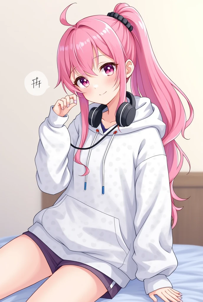 Long Hair, High resolution, Pink Hair, chest, smile,headset on neck, Diagonal bangs, Side Ponytail, Anime Style, Oversized,White patterned hoodie,Shorts,Illustration, 3D Rendering, Sleepy, accessories, uniform,Put on the hood