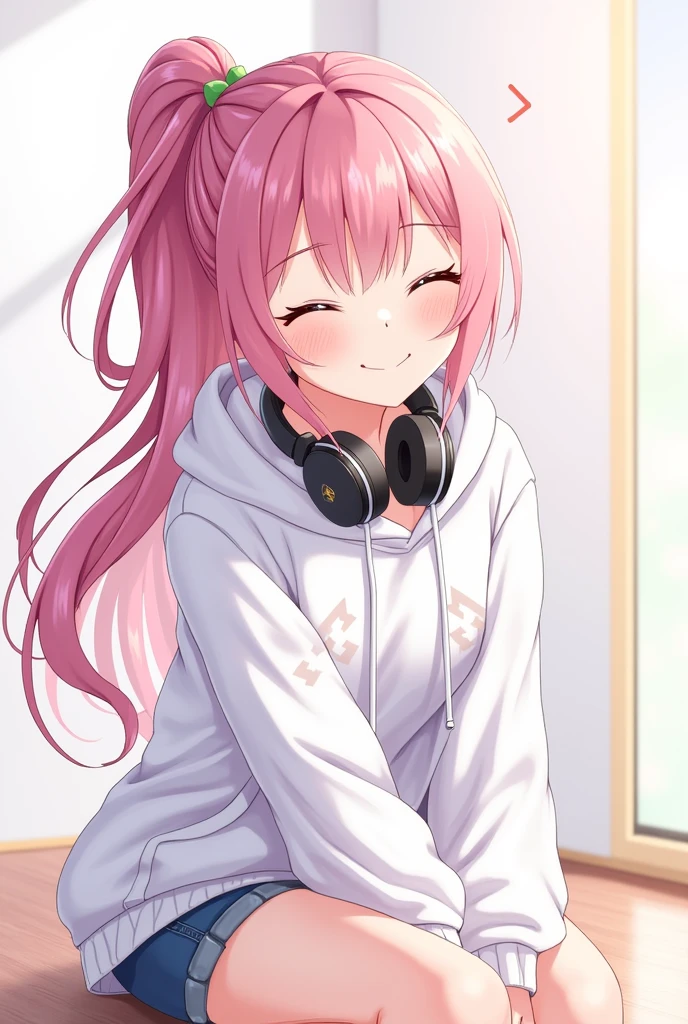 Long Hair, High resolution, Pink Hair, chest, smile,headset on neck, Diagonal bangs, Side Ponytail, Anime Style, Oversized,White patterned hoodie,Shorts,Illustration, 3D Rendering, Sleepy, accessories, uniform,Put on the hood