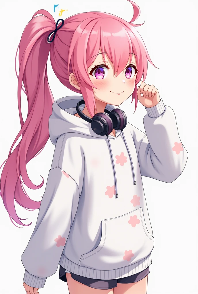 Long Hair, High resolution, Pink Hair, chest, smile,headset on neck, Diagonal bangs, Side Ponytail, Anime Style, Oversized,White patterned hoodie,Shorts,Illustration, 3D Rendering, Sleepy, accessories, uniform,Put on the hood