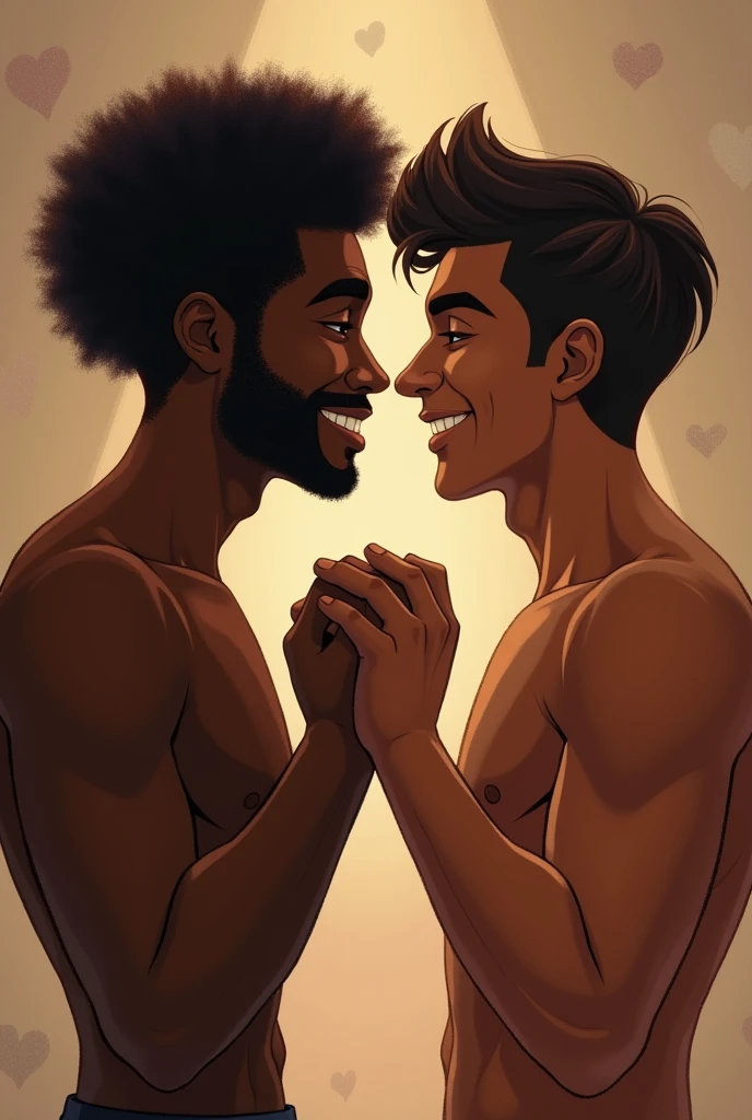 Two men holding hands looking at each other face to face, cheesy, dark skinned, one with afro hair and the other straight, both are dark skinned, Give the second more hair