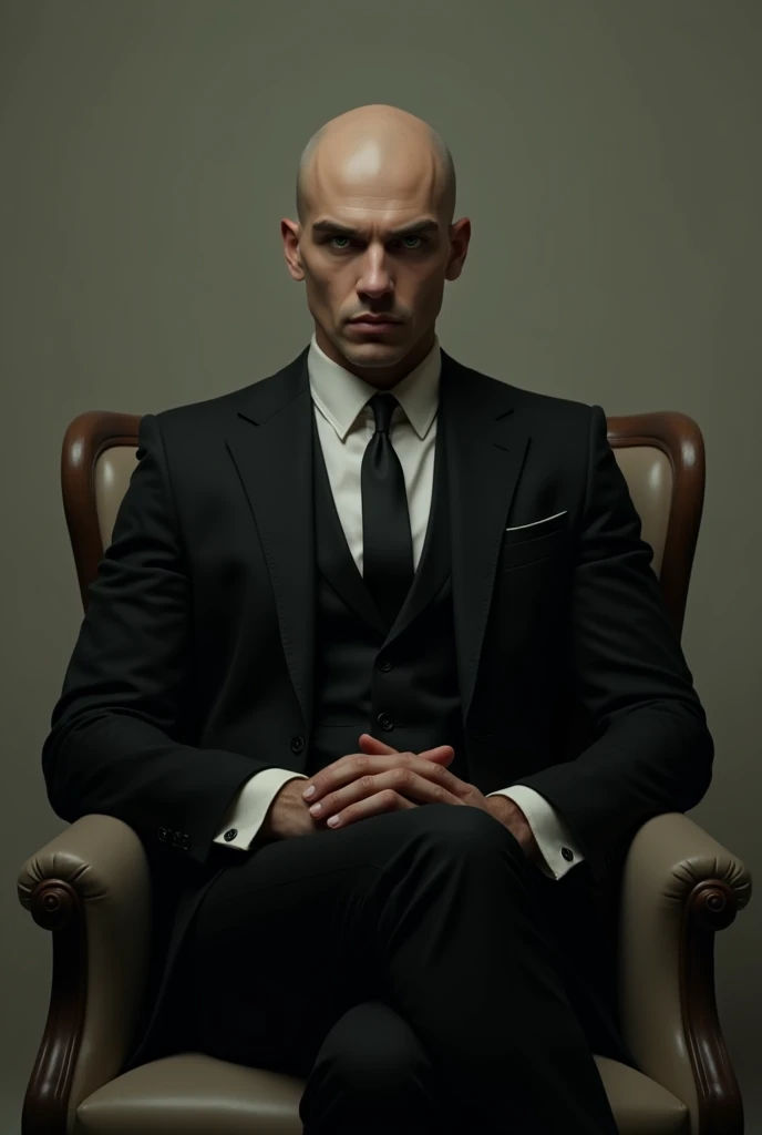 naughty man, almost bald black hair, greeneyes, Pretty Face Black Suit, black necktie, neutral color background, seated in a chair,