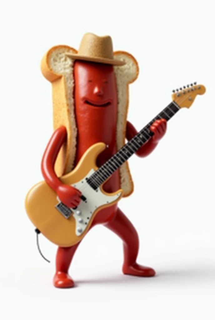 A humanoid chorizo sandwich with a hat playing an electric guitar on a white background. Don't forget the bread