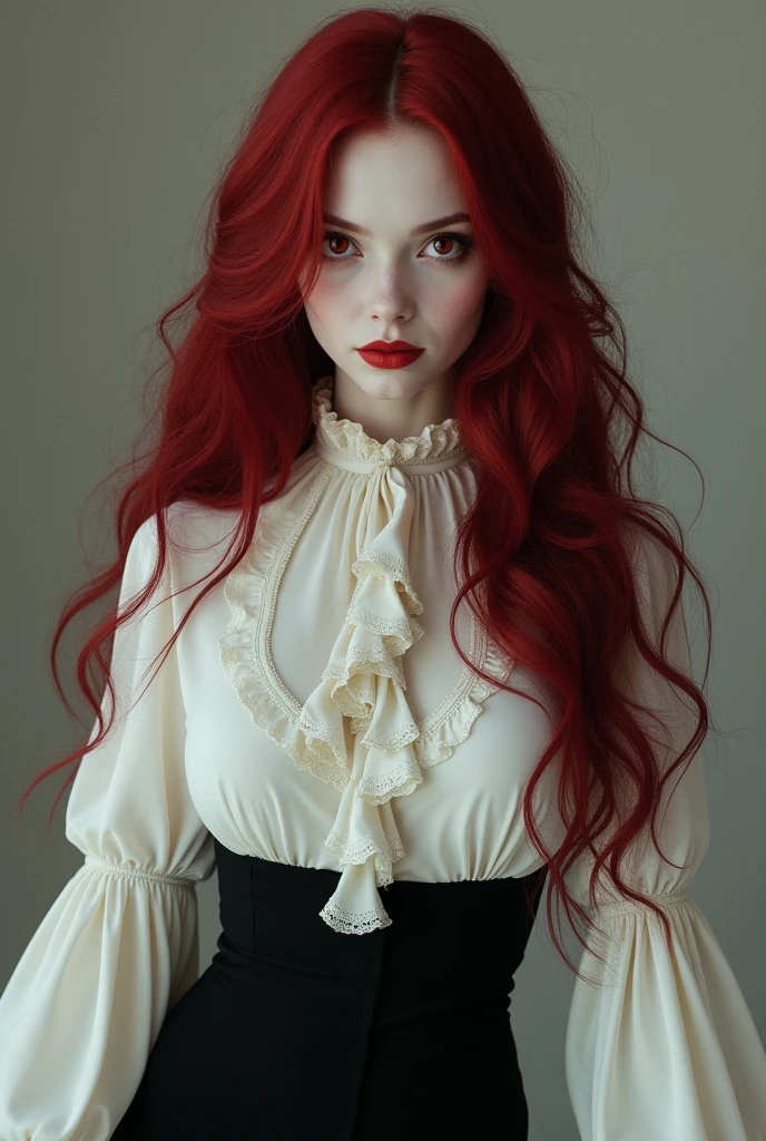  make a pale girl, with red and beautiful eyes, He had long, dark red hair, a white women&#39;s shirt with a high collar, Exaggerated ruffle hem and long sleeves, a black mid-skirt and big breasts 