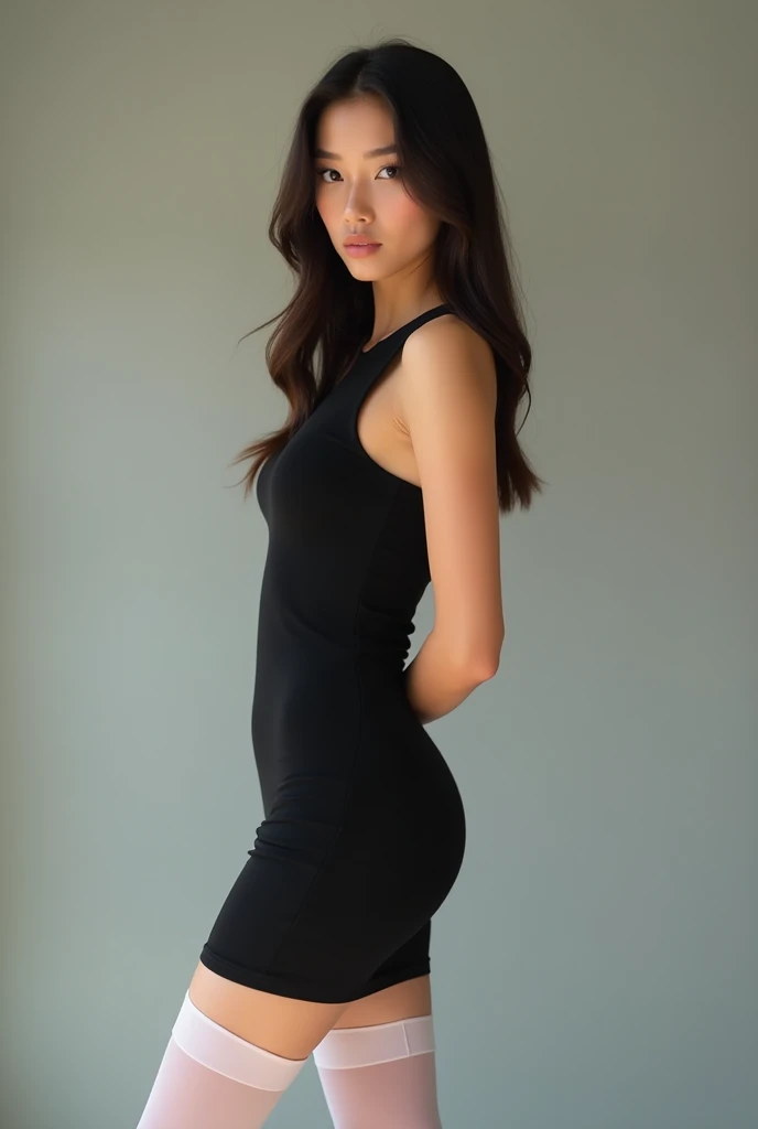 Image of a pretty woman in a short black dress with white stockings and black platform heels