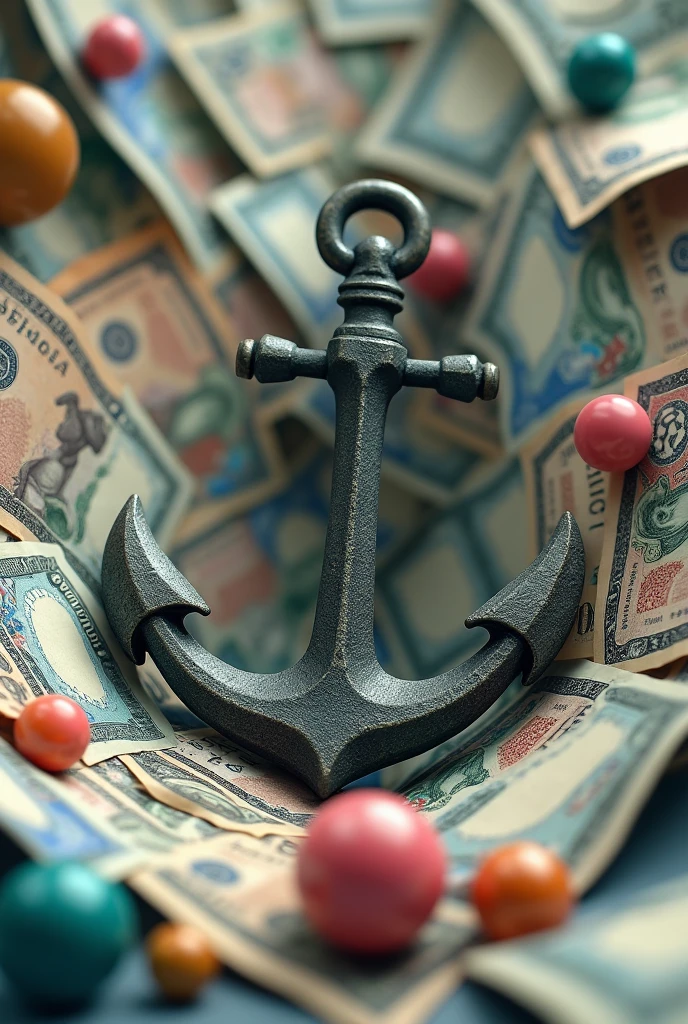 Anchor thrown into a sea of realistic Guatemalan banknotes next to lucky raffle balls