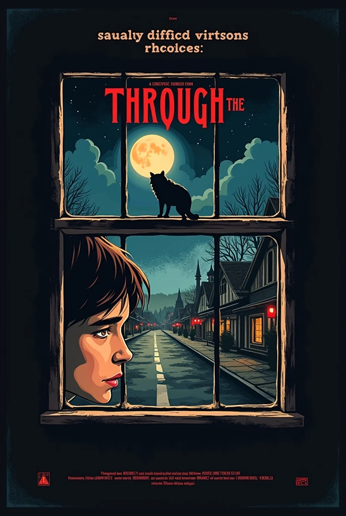 Create a vintage poster style art, old movie posters, with the title "Through the window", and the name THIAGO LOPES below. It is the story of a small town that is devastated by the emergence of a werewolf., narrated from the point of view of a ager who sees everything happening through his open window.