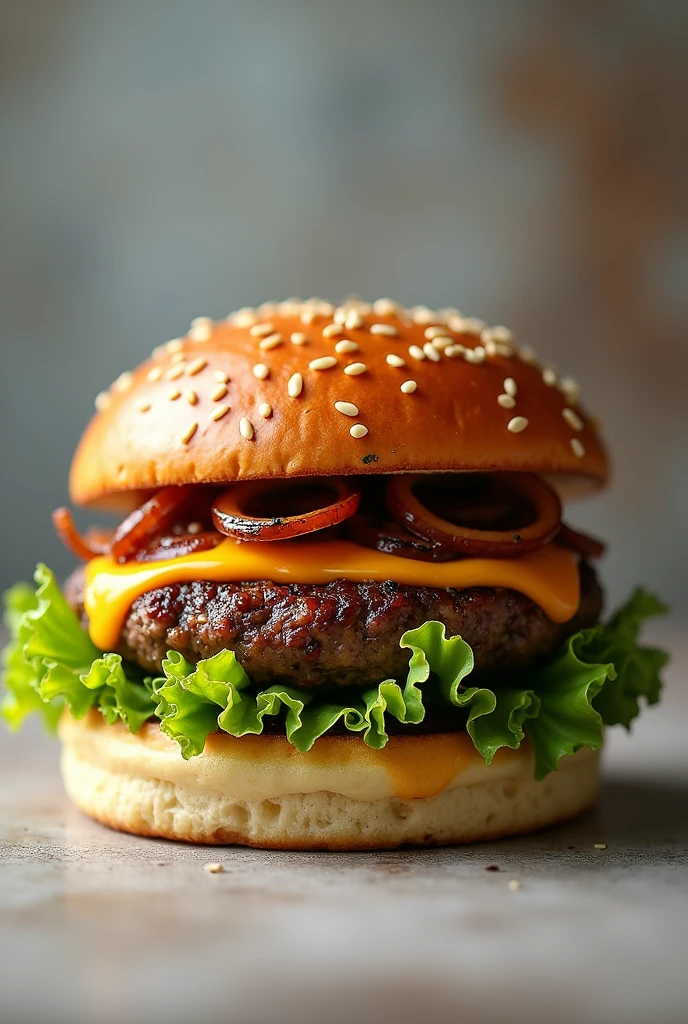 Hamburger with brioche bread, caramelized onions, melted cheese and lettuce 