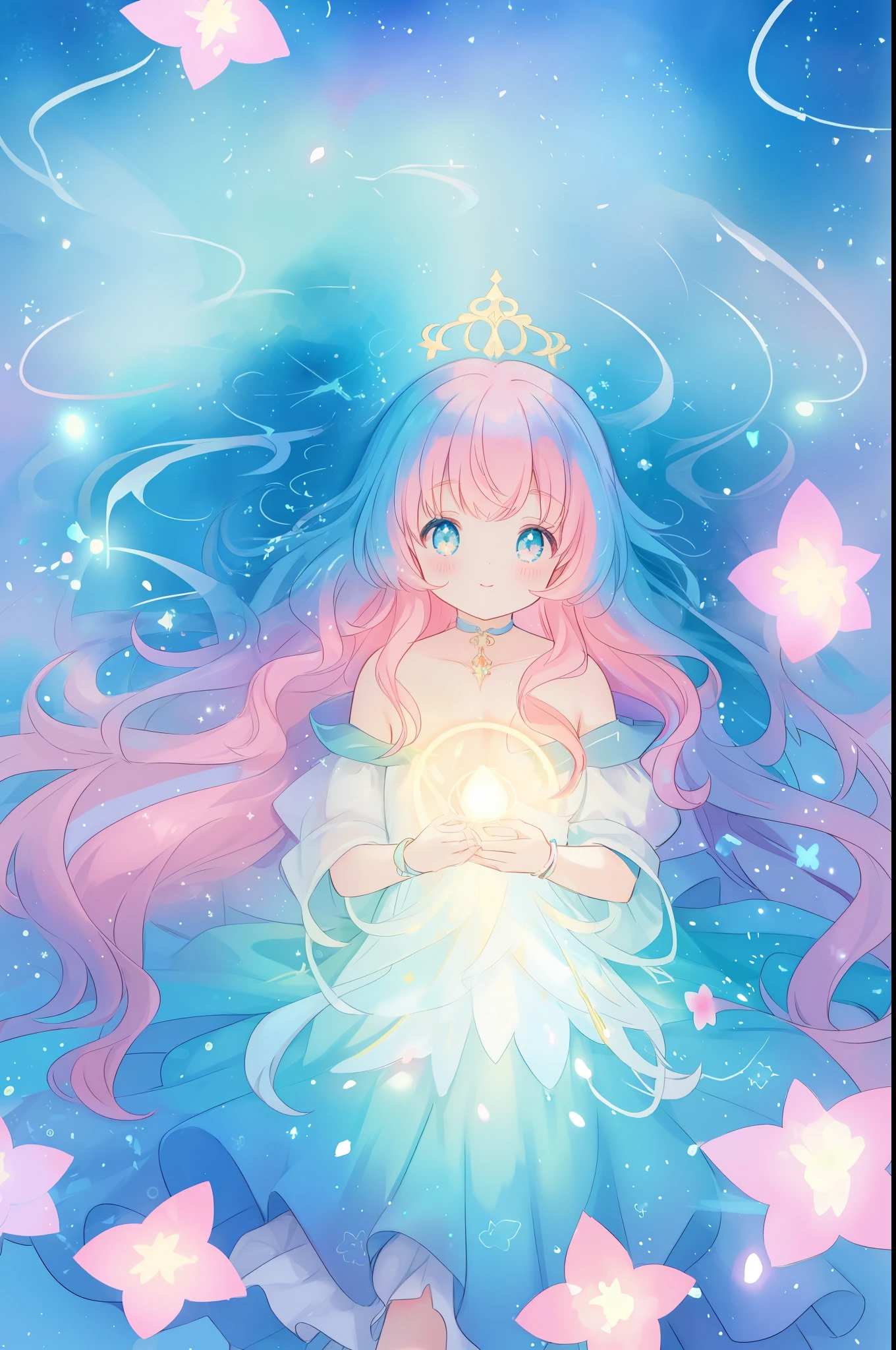 beautiful anime girl in flowing layered ballgown, vibrant pastel colors, (colorful), magical lights, magical flowers, flowers, glowing lights, red pink long wavy hair, sparkling lines of light, inspired by Glen Keane, inspired by Lois van Baarle, disney art style, by Lois van Baarle, glowing aura around her, by Glen Keane, jen bartel, glowing lights! digital painting, flowing glowing hair, glowing flowing hair, beautiful digital illustration, fantasia background, whimsical, magical, fantasy, beautiful face, ((masterpiece, best quality)), intricate details, highly detailed, sharp focus, 8k resolution, sparkling detailed eyes, liquid watercolor