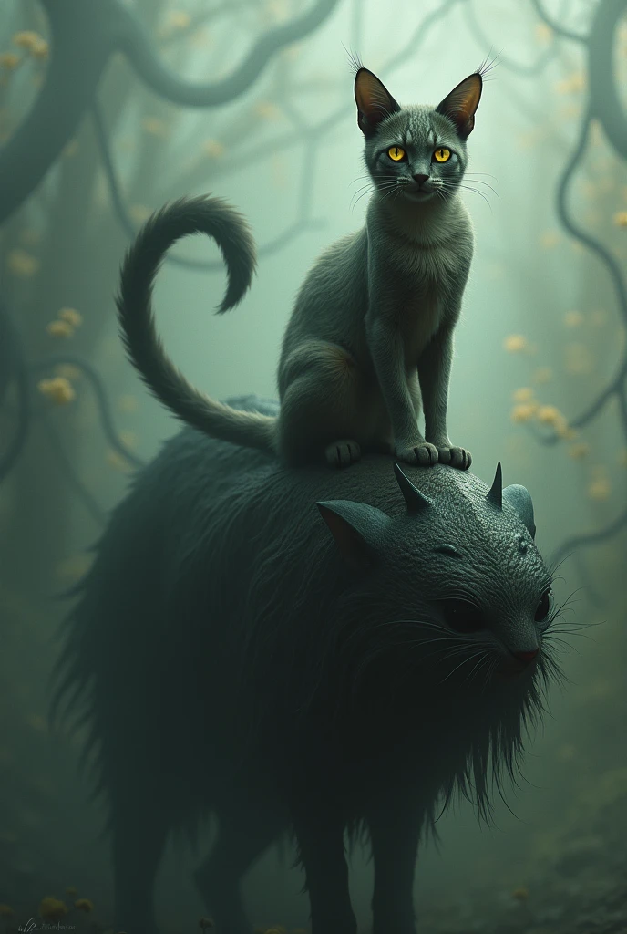 Create a cat with a tail and cat ears on the back of a
