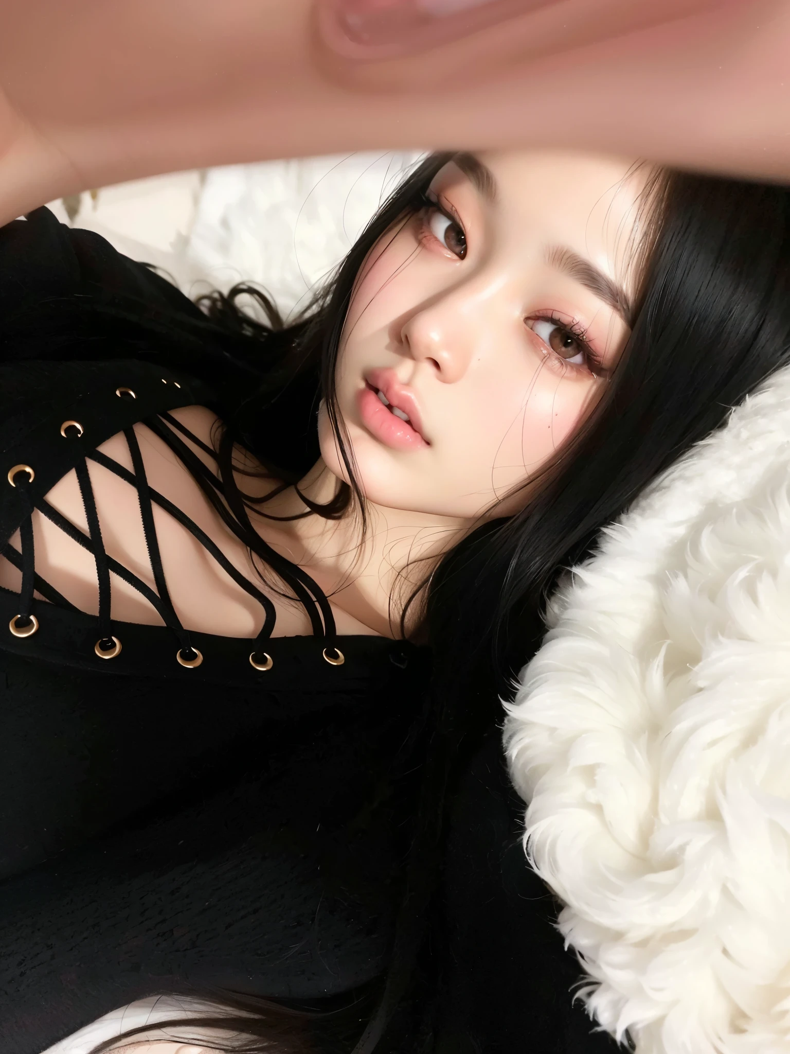 there is a woman lying on a bed wearing a black blouse, com cabelos longos e olhos penetrantes, pale gothic beauty, cruel korean goth girl, 1 7 year old goth girl, com olhos ansiosos e penetrantes, pale skin and dark eyes, com olhos negros de esclera, goth girl aesthetic, olhos escuros e penetrantes, cabelo preto e olhos grandes, encantadores olhos negros