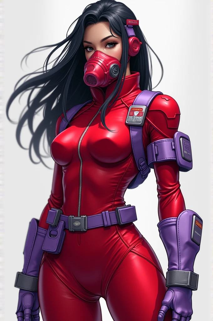 Create an image of a heroine&#39;s uniform, in red and lilac colors, with a red neck protector with lilac details.Neck collar style, covering the entire neck.Red utility belt with lilac pockets, Bblack hair, loose with lilac accessory.
Must have neck protector, gas mask style.