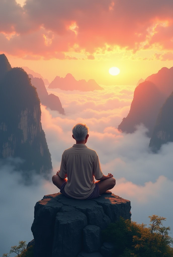 A Thai man sits on a mountaintop next to a cliff, watching the sunset with a sea of fog, like in a Chinese anime.