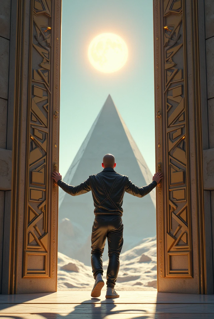 Un homme avec des vêtements futuristes pousse des deux mains des portes futuristes et décoré avec des motifs géométriques et face à lui une pyramide et au dessus le soleil.
