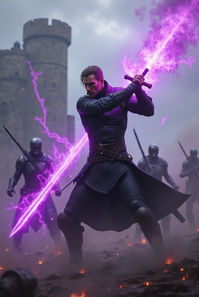 Swordsman with a sword that generates purple flames to attack armored soldiers.