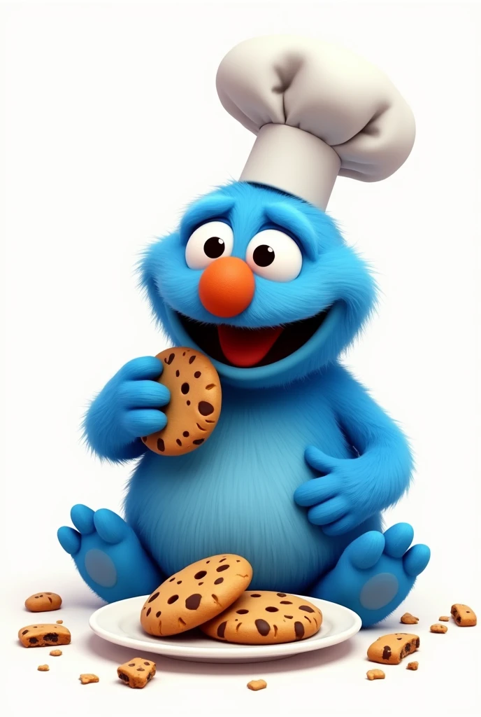 GIVE ME IMAGES OF THE COOKIE EATER FROM ELMO'S WORLD, THAT BLUE CHARACTER WITH A WHITE BACKGROUND WHO IS STANDING EATING COOKIES WITH A CHEF'S HAT