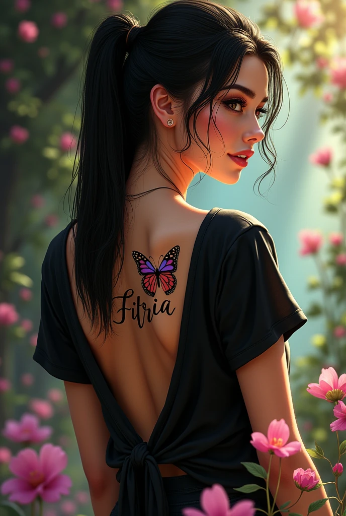 beautiful woman, 1, sexy, white, proportional body, has straight black long hair, her hair is tied back in a ponytail, her back is to the camera, her face is slightly turned back and smiling beautifully, wearing a black t-shirt with the back open showing a tattoo of several butterflies. colorful butterflies on her upper back with beautiful writing in the middle of the butterfly circle which clearly reads "FITRIA". around the outline of his body there were colorful rays