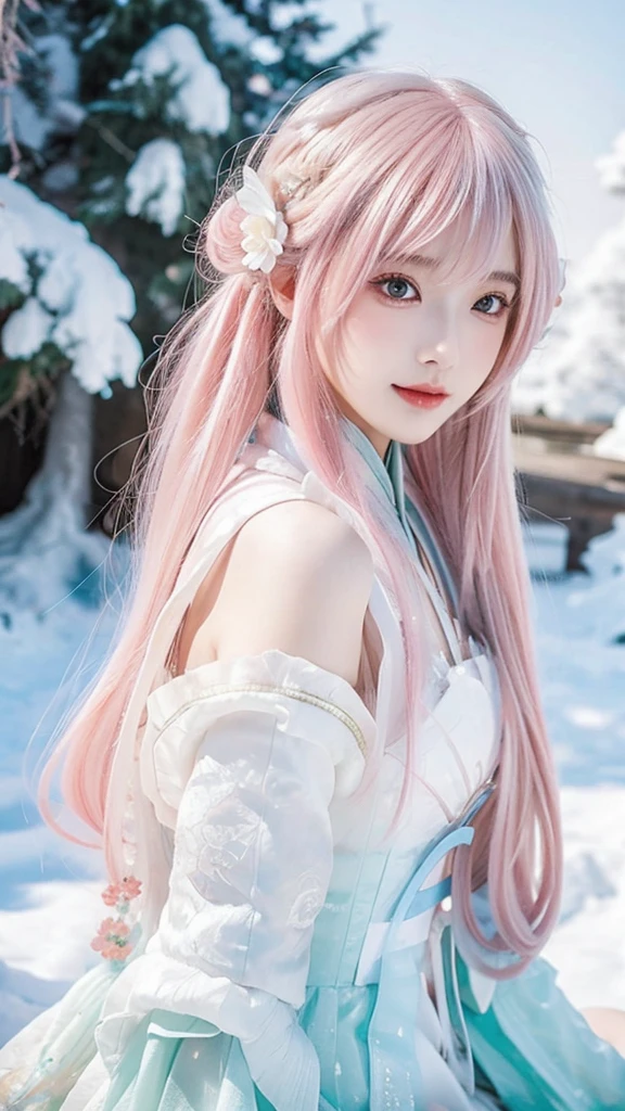 a close up of a woman with pink hair wearing a white dress, a colorized photo by Lü Ji, trending on cg society, plasticien, white hanfu, very long snow colored hair, beautiful long white hair