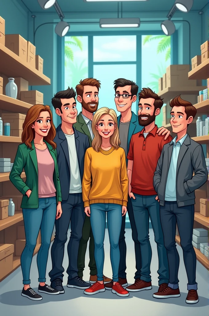 Create a group of 20 advisors in a technology store called Monterrey between men and women of different ages and physical aspects bald, by the wide, skinny, fat, tall, short people in cartoons