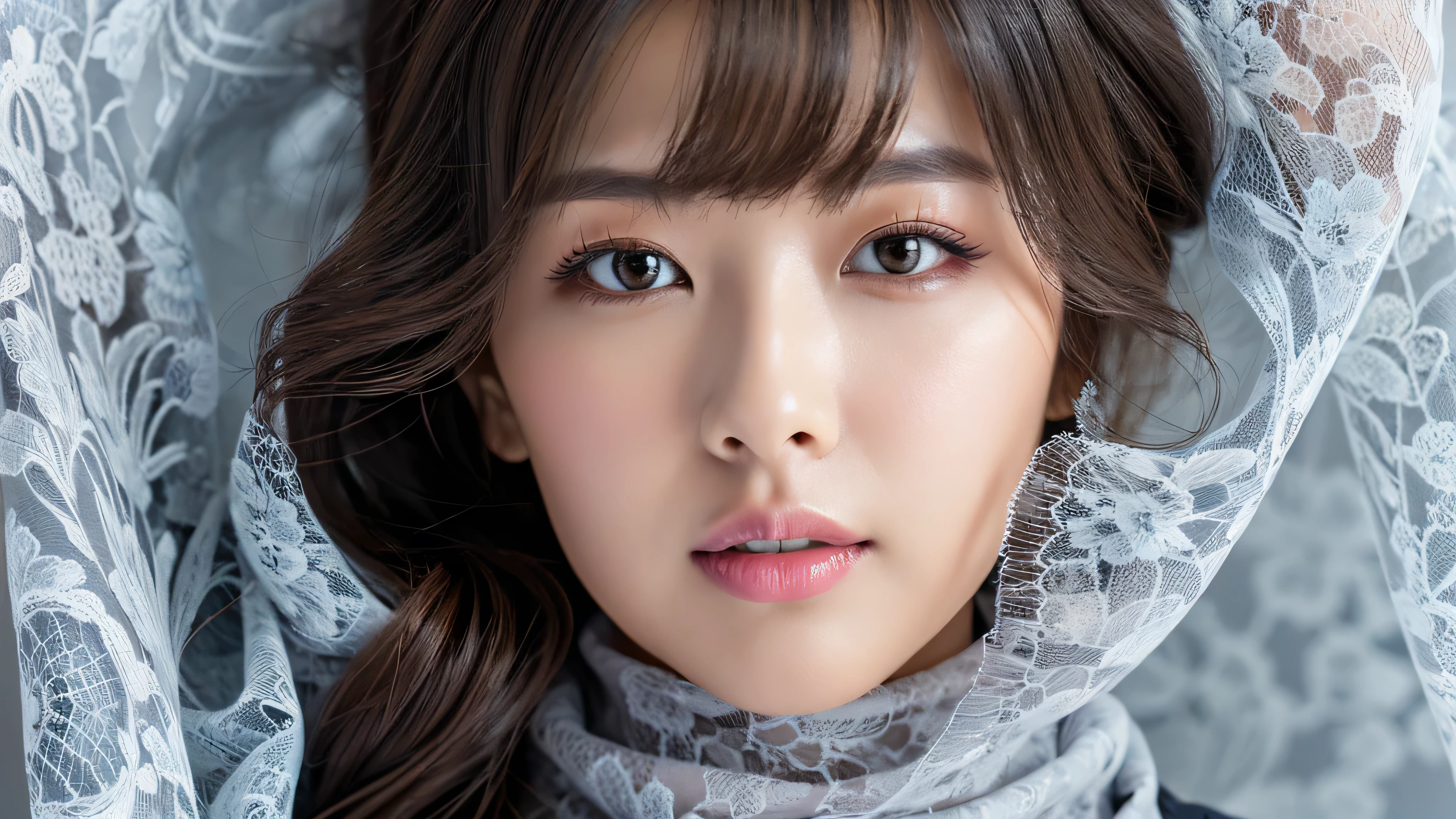 (Detailed face),vivid,Grey(Lace fabric)turtleneck,4K,Ultra-high resolution,(Photorealistic:1.7),Gray background,Black long hair,