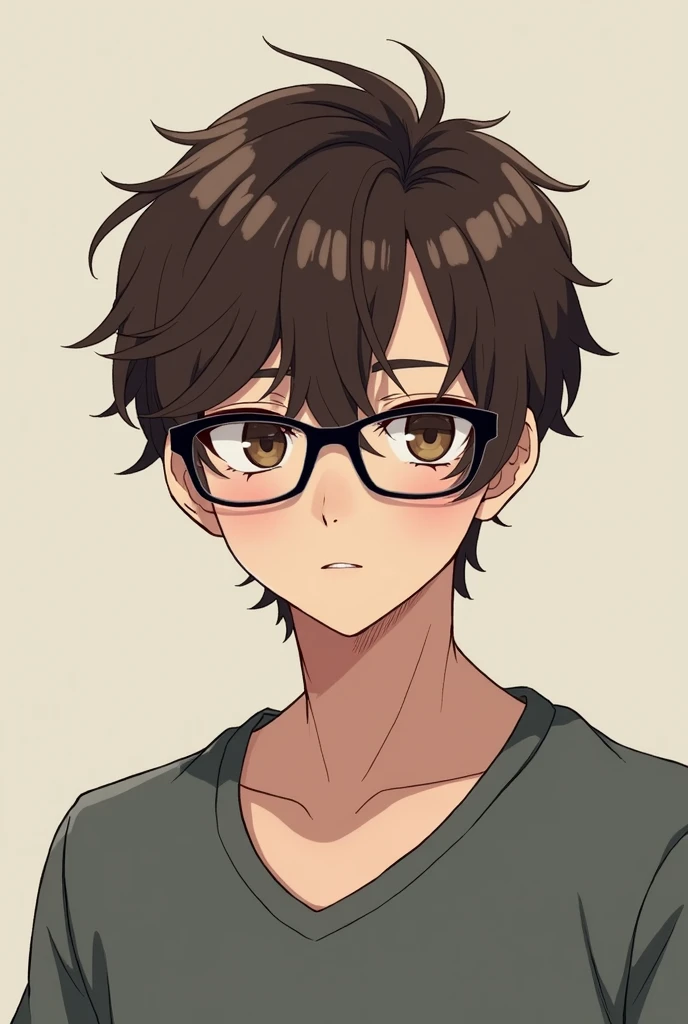Man, 2 brown hair, semi-wavy hair, brown eyes, black-framed glasses, expressionless look, half-length photograph, wearing a V-shirt, anime