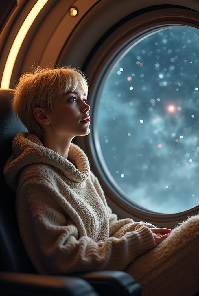 A young sexy blonde woman with short hair and warm clothes sits on a seat in a spaceship and the window can show beautiful stars