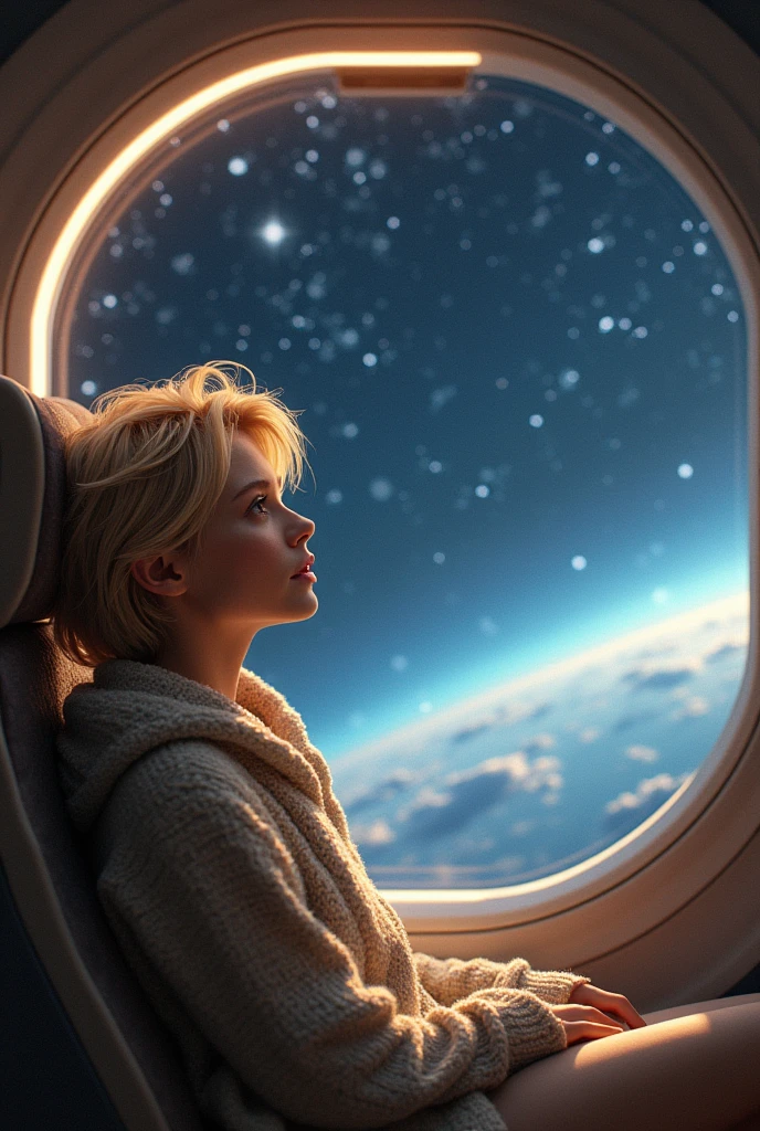 A young sexy blonde woman with short hair and warm clothes sits on a seat in a spaceship and the window can show beautiful stars