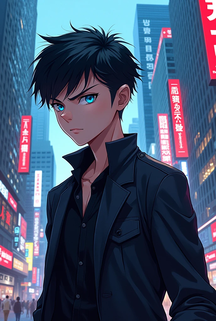 Anime drawing male character with black hair and blue eyes, modern clothes in the city