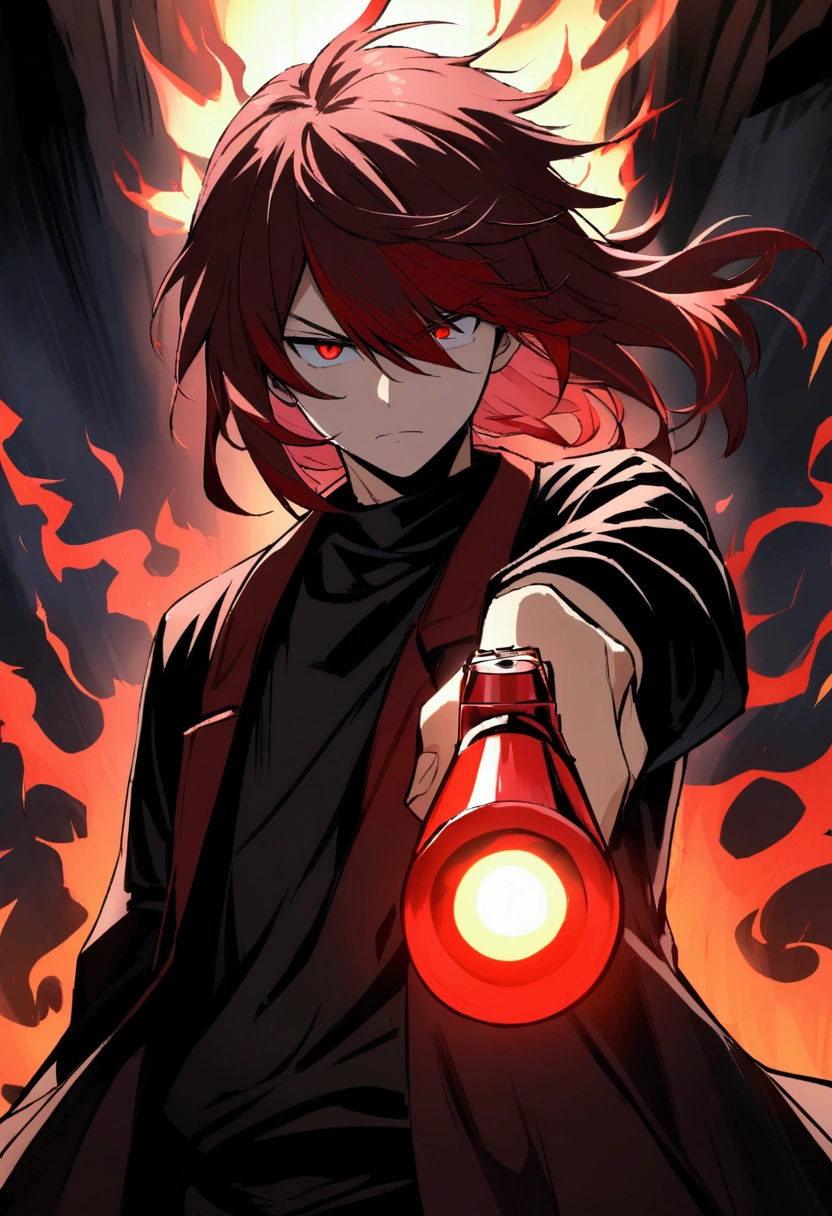 teenage boy, tidy hair, medium length hair, multicolored black and red hair, long bangs covering the left eye, Eyes red, serious face, black jersey, dark red overcoat, red tattoos on the body, holding a red revolver, fiery aura.