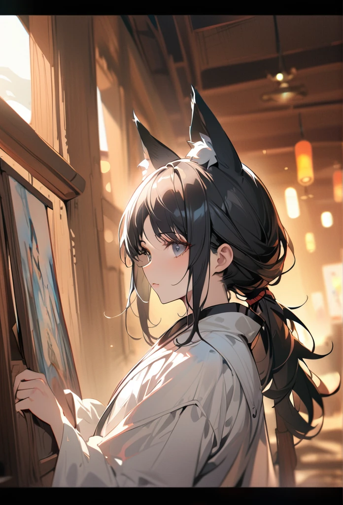 1 boy with wolf-like ears, long black hair tied up with a delicate Appearance Asian-style hair Far away Tied , pale skin, captivating gray eyes, soft youthful expression, wearing delicate white robes, central composition, serene contemplative pose, neutral minimalist backdrop, gentle elegance and mysticism, blend of traditional Chinese and supernatural elements, detailed facial features, (best quality,4k,8k,highres,masterpiece:1.2),ultra-detailed,HDR,UHD,studio lighting,ultra-fine painting,sharp focus,physically-based rendering,extreme detail description,professional,vivid colors,bokeh,portraits,fantasy,ethereal,concept art